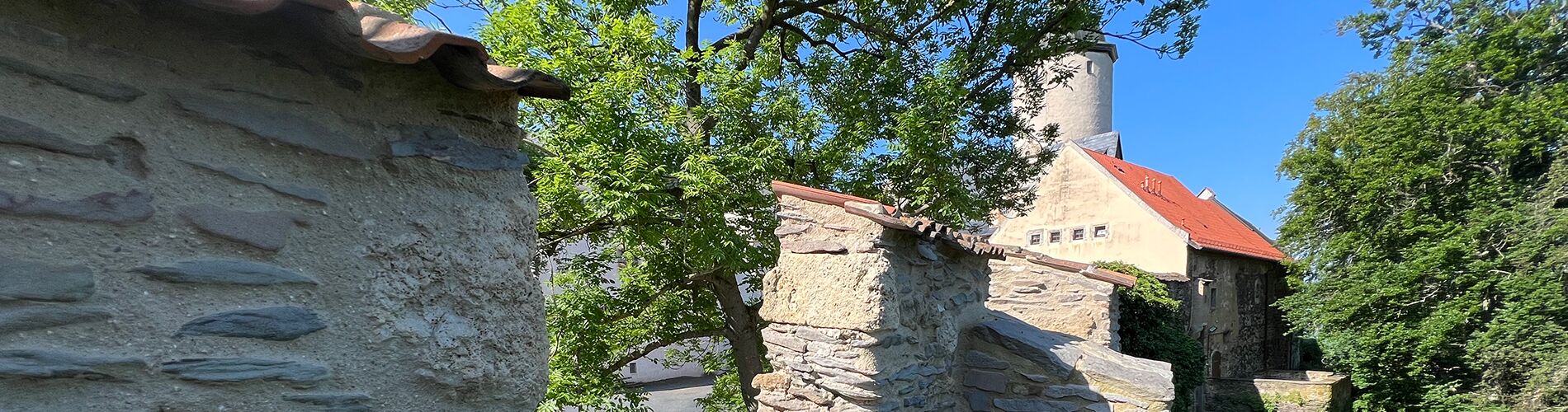 Bild zeigt den Blick von der Burgmauer ausgehend zur Burg Ranis